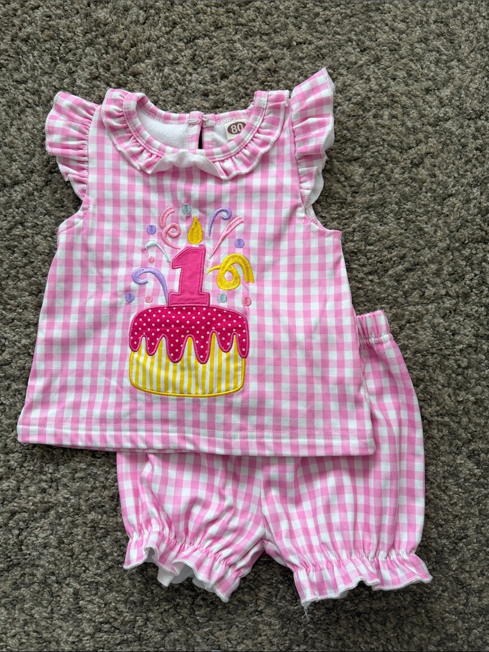 Pink Gingham Birthday Two-Piece Outfit with Cake Applique